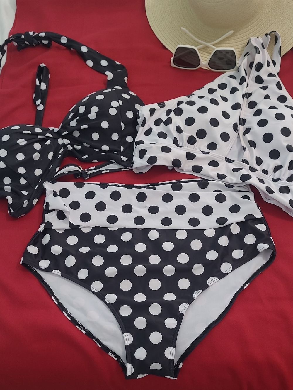 Polka Dot High-Waist Bikini Set - Black & White - Two Tops Mix& Match Size Large